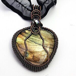 Labradorite wire-wrapped ruffled black ribbon necklace